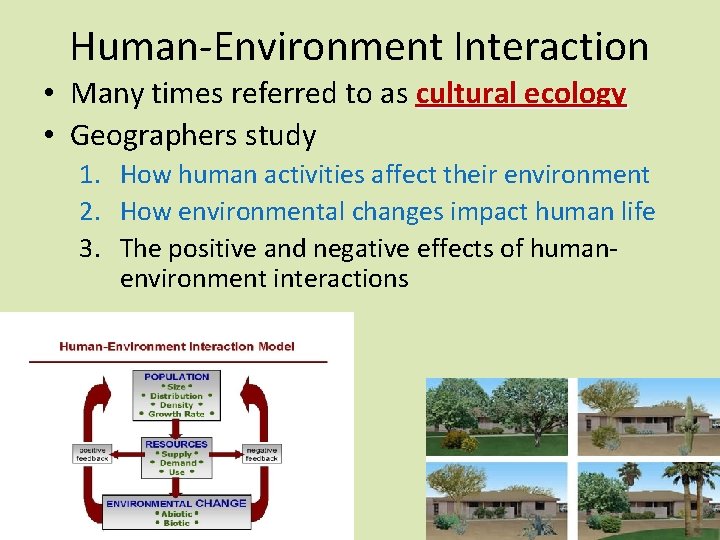 Human-Environment Interaction • Many times referred to as cultural ecology • Geographers study 1.