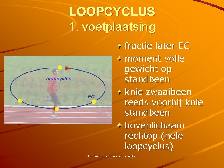 LOOPCYCLUS 1. voetplaatsing fractie later EC moment volle gewicht op standbeen knie zwaaibeen reeds