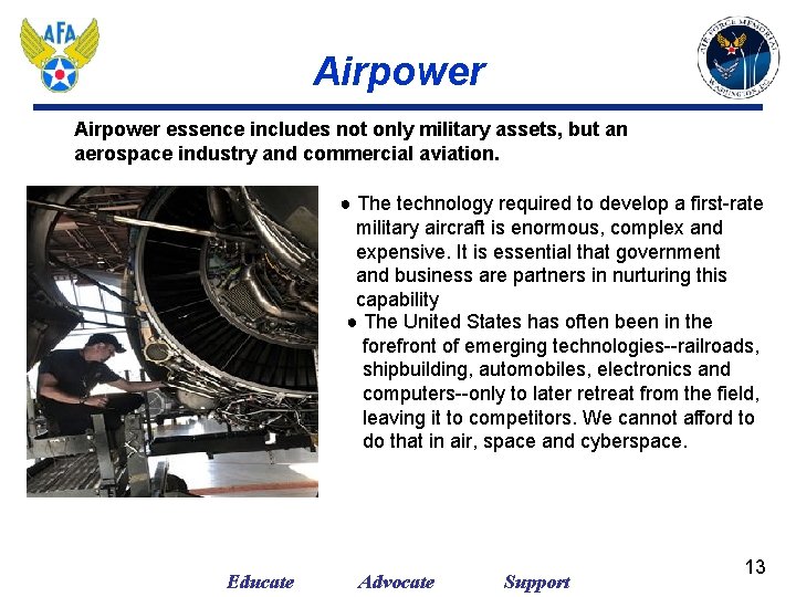 Airpower essence includes not only military assets, but an aerospace industry and commercial aviation.