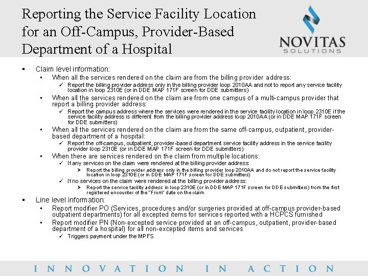 Reporting the Service Facility Location for an Off-Campus, Provider-Based Department of a Hospital §