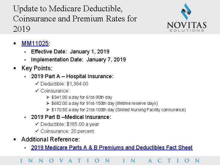 Update to Medicare Deductible, Coinsurance and Premium Rates for 2019 § MM 11025: Effective
