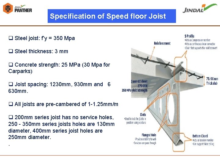 Specification of Speed floor Joist q Steel joist: f’y = 350 Mpa q Steel