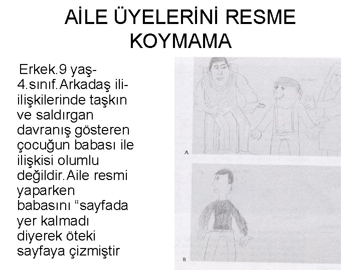 AİLE ÜYELERİNİ RESME KOYMAMA Erkek. 9 yaş 4. sınıf. Arkadaş iliilişkilerinde taşkın ve saldırgan