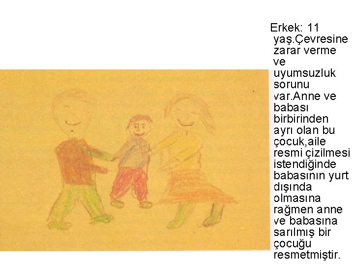 Erkek: 11 yaş. Çevresine zarar verme ve uyumsuzluk sorunu var. Anne ve babası birbirinden Erkek: 11 yaş. Çevresine zarar verme ve uyumsuzluk sorunu var. Anne ve babası birbirinden