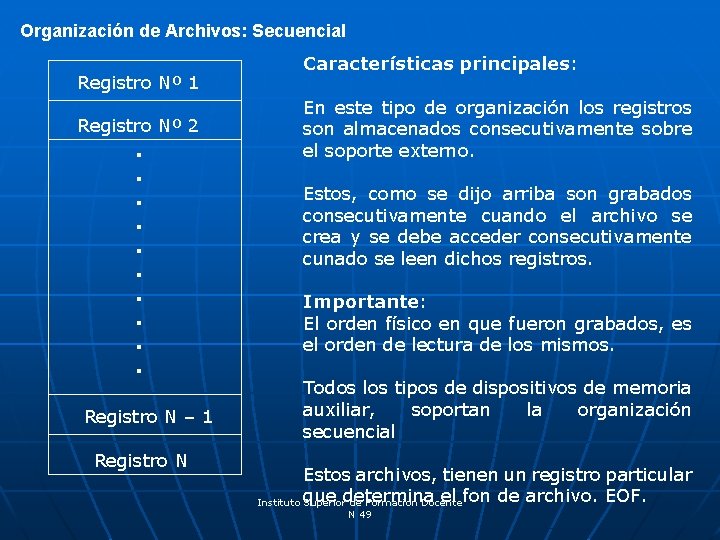 Organización de Archivos: Secuencial Registro Nº 1 Registro Nº 2 . . Registro N