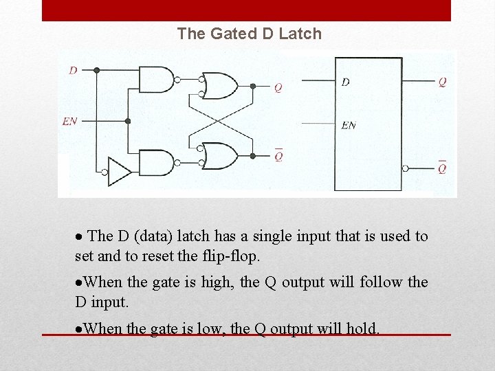 The Gated D Latch · The D (data) latch has a single input that