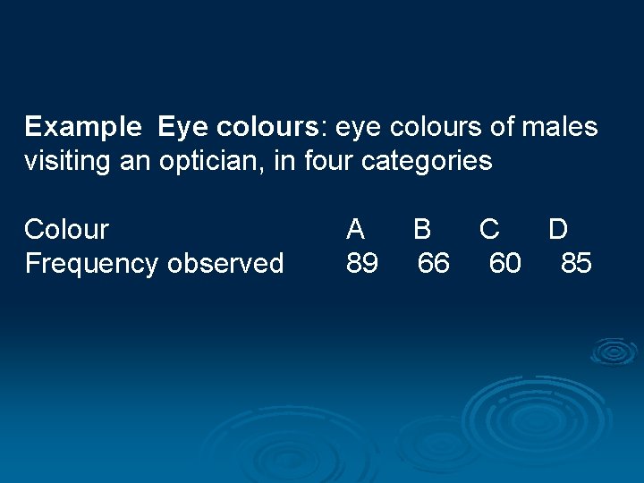Example Eye colours: eye colours of males visiting an optician, in four categories Colour
