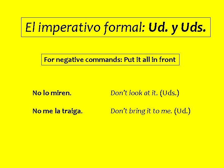 El imperativo formal: Ud. y Uds. For negative commands: Put it all in front