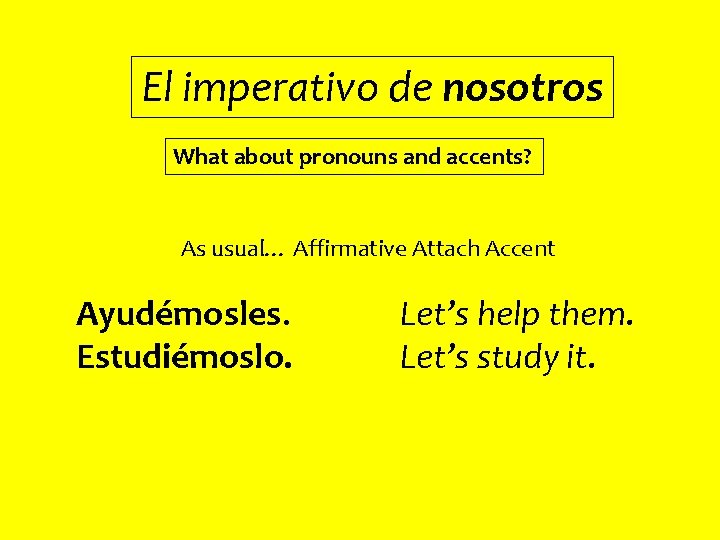 El imperativo de nosotros What about pronouns and accents? As usual… Affirmative Attach Accent