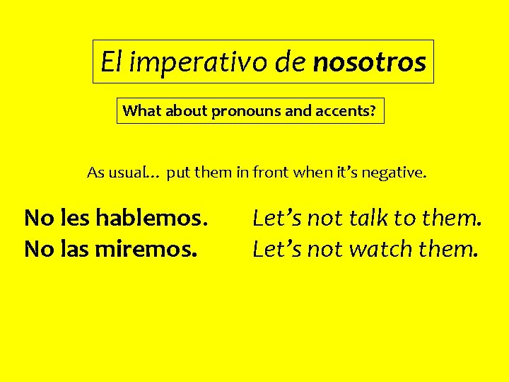 El imperativo de nosotros What about pronouns and accents? As usual… put them in