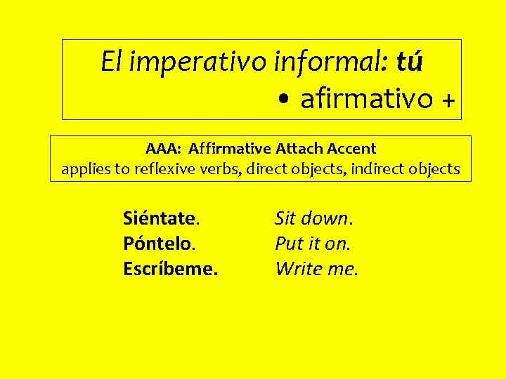 El imperativo informal: tú • afirmativo + AAA: Affirmative Attach Accent applies to reflexive