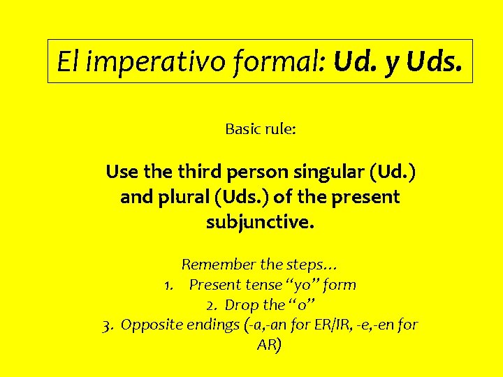 El imperativo formal: Ud. y Uds. Basic rule: Use third person singular (Ud. )