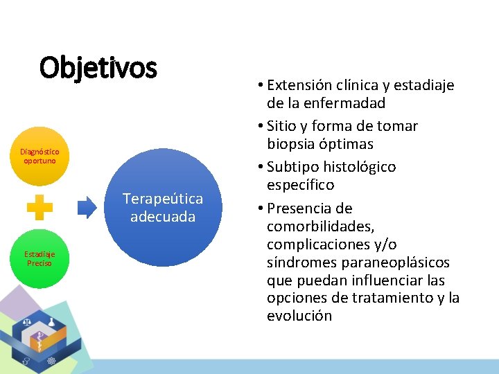 Objetivos Diagnóstico oportuno Terapeútica adecuada Estadiaje Preciso • Extensión clínica y estadiaje de la