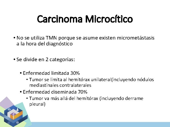 Carcinoma Microcítico • No se utiliza TMN porque se asume existen micrometástasis a la