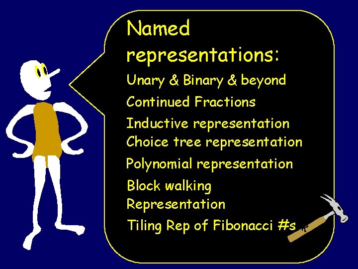 Named representations: Unary & Binary & beyond Continued Fractions Inductive representation Choice tree representation