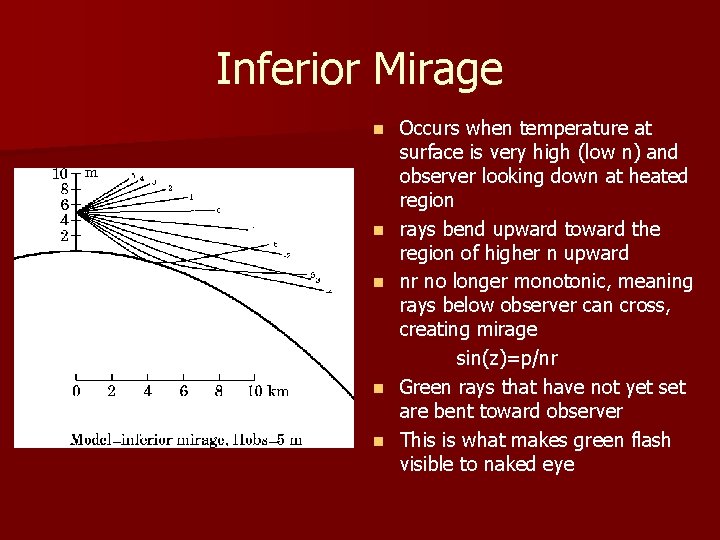Inferior Mirage n n n Occurs when temperature at surface is very high (low