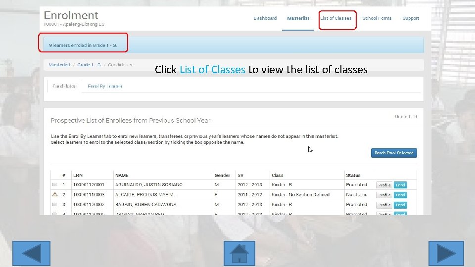 Click List of Classes to view the list of classes 