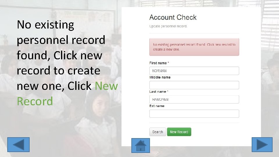 No existing personnel record found, Click new record to create new one, Click New