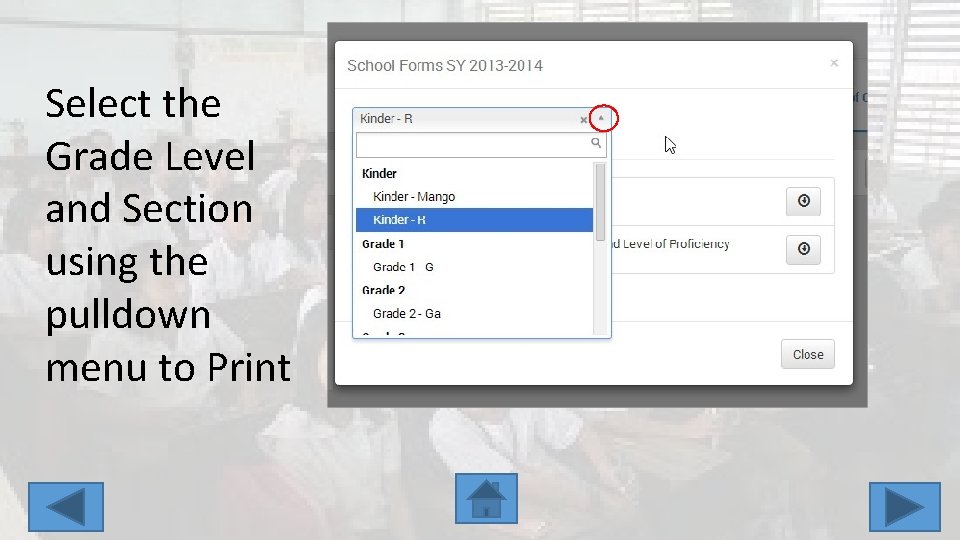 Select the Grade Level and Section using the pulldown menu to Print 