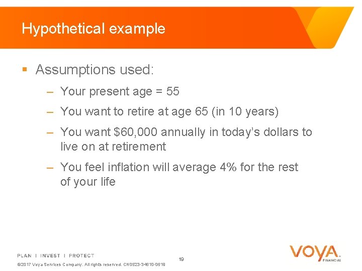 Hypothetical example § Assumptions used: – Your present age = 55 – You want