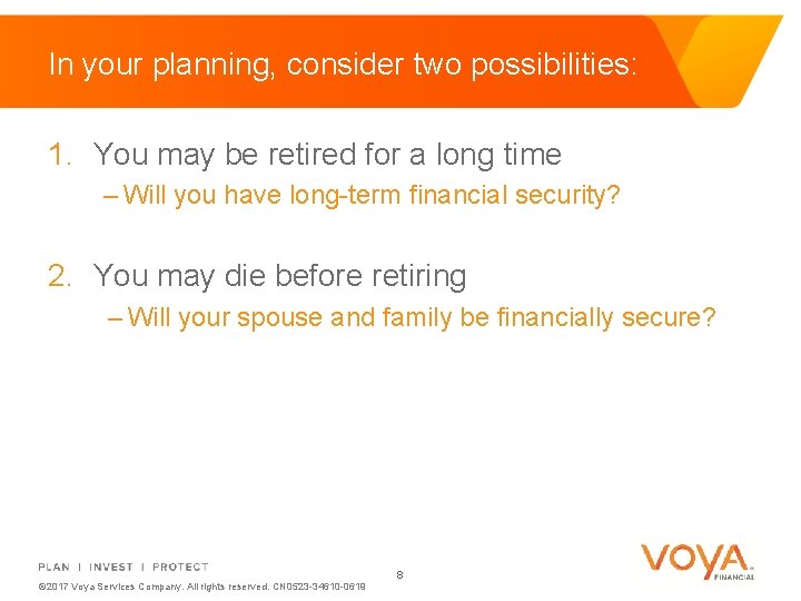 In your planning, consider two possibilities: 1. You may be retired for a long