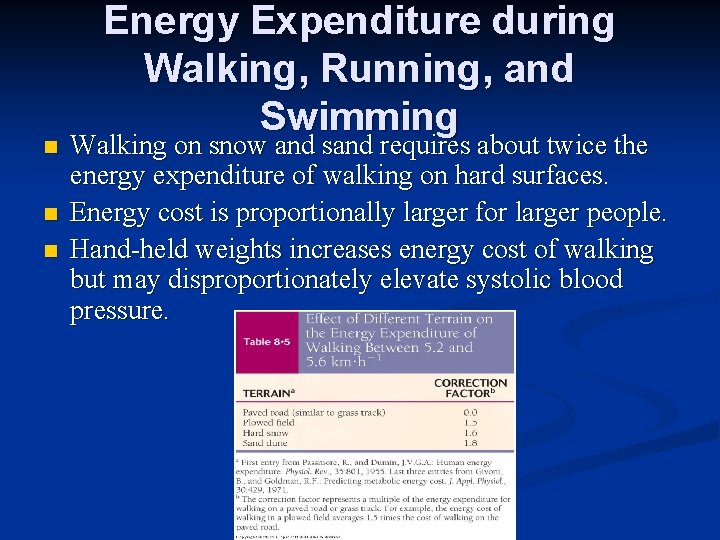 n n n Energy Expenditure during Walking, Running, and Swimming Walking on snow and