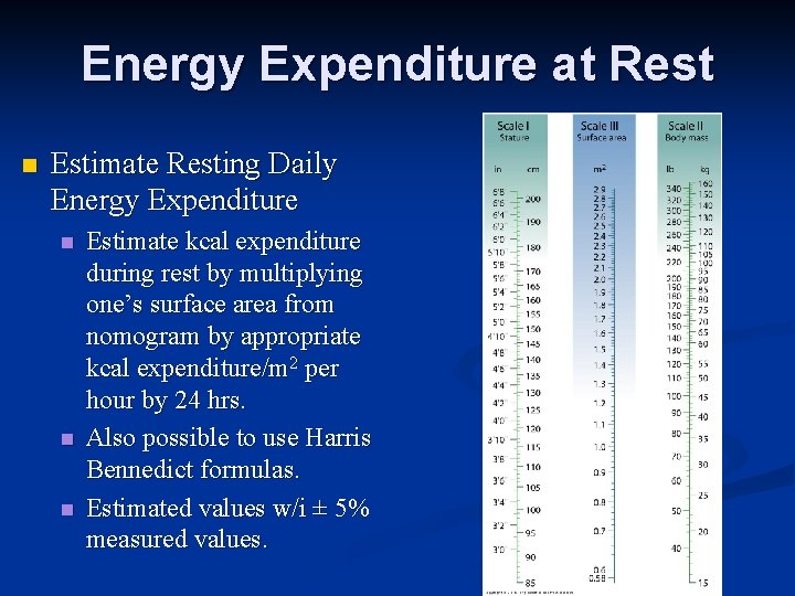 Energy Expenditure at Rest n Estimate Resting Daily Energy Expenditure n n n Estimate