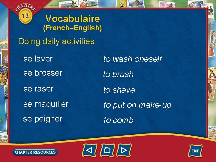 12 Vocabulaire (French–English) Doing daily activities se laver to wash oneself se brosser to