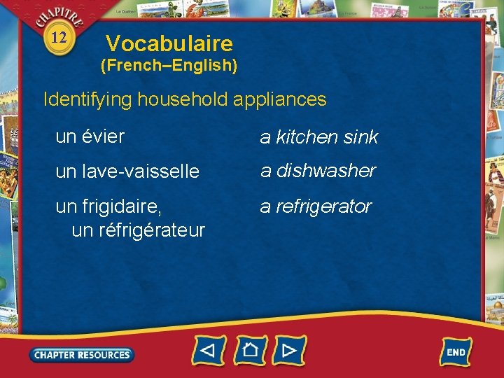 12 Vocabulaire (French–English) Identifying household appliances un évier a kitchen sink un lave-vaisselle a