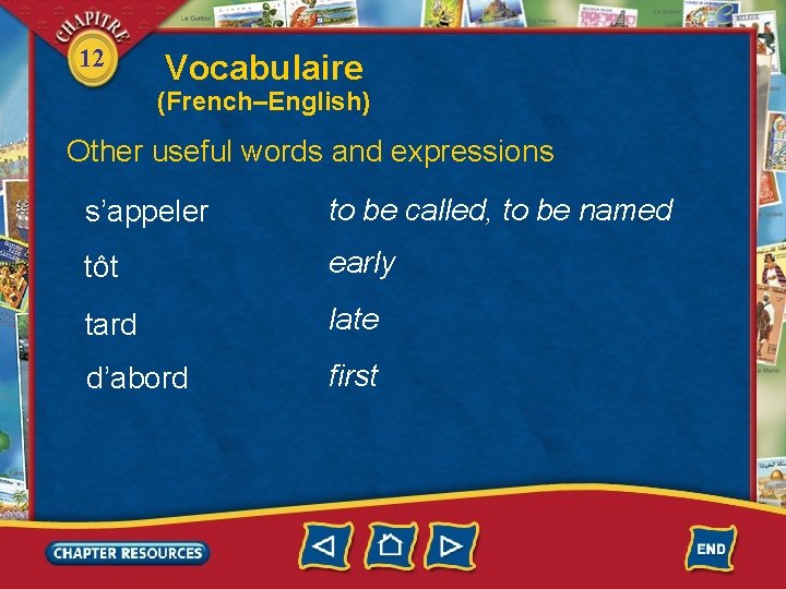 12 Vocabulaire (French–English) Other useful words and expressions s’appeler to be called, to be