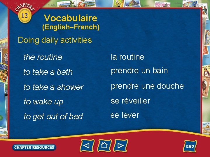 12 Vocabulaire (English–French) Doing daily activities the routine la routine to take a bath