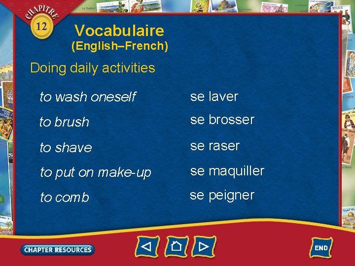 12 Vocabulaire (English–French) Doing daily activities to wash oneself se laver to brush se