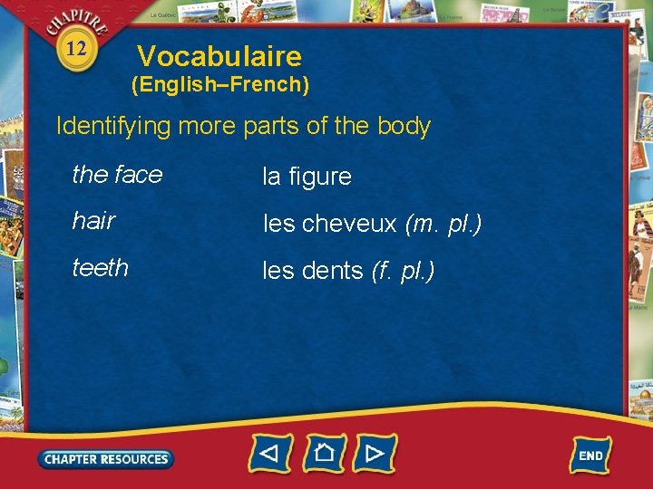 12 Vocabulaire (English–French) Identifying more parts of the body the face la figure hair