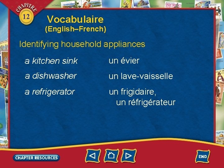 12 Vocabulaire (English–French) Identifying household appliances a kitchen sink un évier a dishwasher un