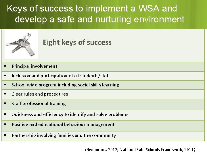Keys of success to implement a WSA and develop a safe and nurturing environment