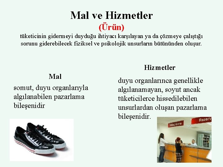 Mal ve Hizmetler (Ürün) tüketicinin gidermeyi duyduğu ihtiyacı karşılayan ya da çözmeye çalıştığı sorunu