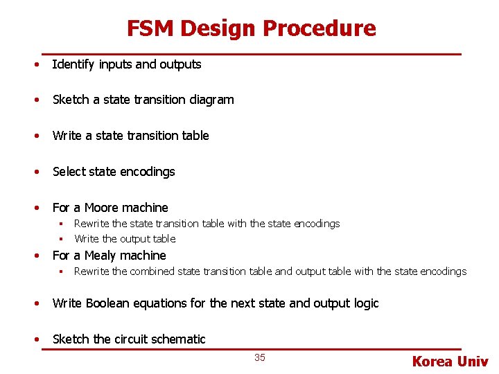 FSM Design Procedure • Identify inputs and outputs • Sketch a state transition diagram