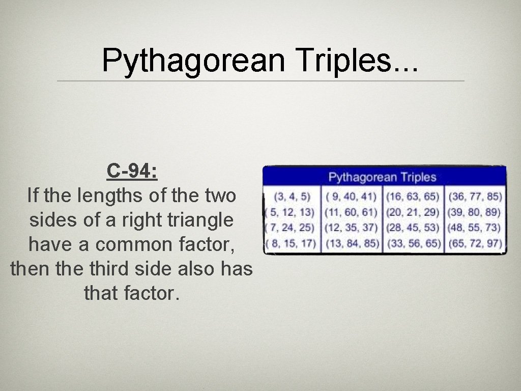 Pythagorean Triples. . . C-94: If the lengths of the two sides of a