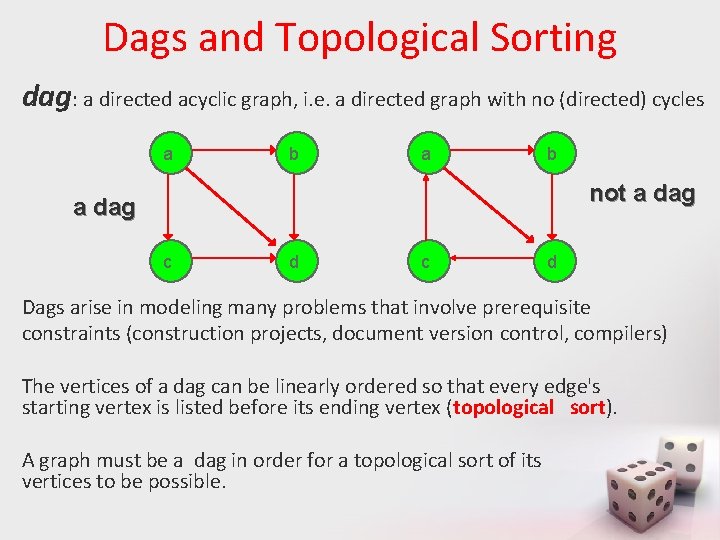 Dags and Topological Sorting dag: a directed acyclic graph, i. e. a directed graph