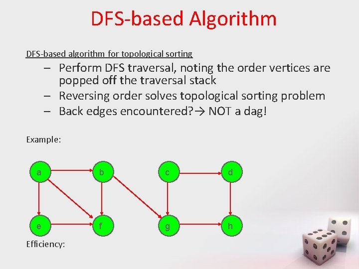 DFS-based Algorithm DFS-based algorithm for topological sorting – Perform DFS traversal, noting the order