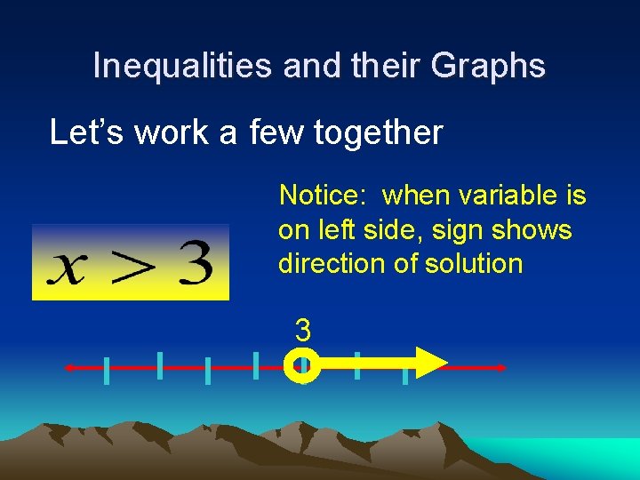 Inequalities and their Graphs Let’s work a few together Notice: when variable is on