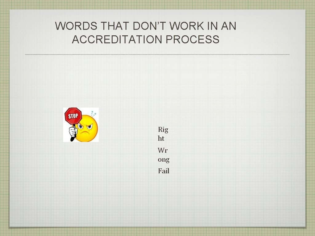WORDS THAT DON’T WORK IN AN ACCREDITATION PROCESS Rig ht Wr ong Fail WORDS THAT DON’T WORK IN AN ACCREDITATION PROCESS Rig ht Wr ong Fail