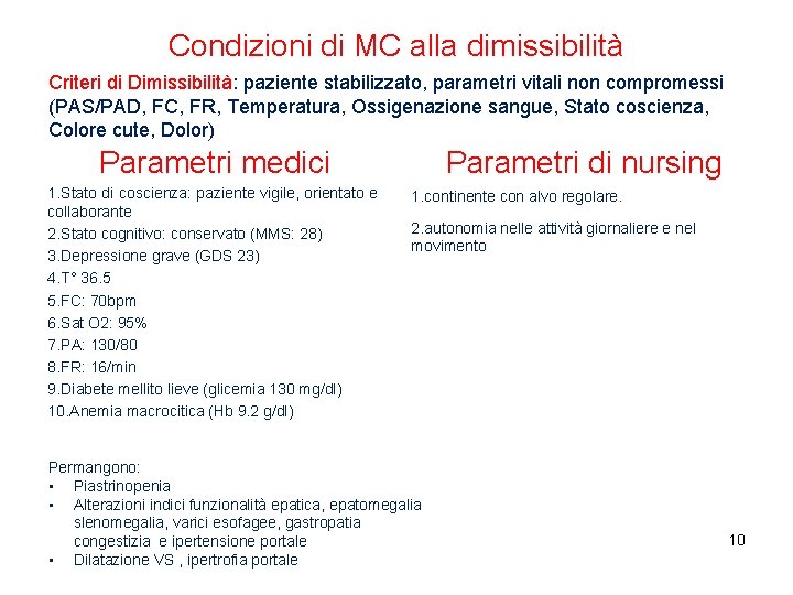 Condizioni di MC alla dimissibilità Criteri di Dimissibilità: paziente stabilizzato, parametri vitali non compromessi Condizioni di MC alla dimissibilità Criteri di Dimissibilità: paziente stabilizzato, parametri vitali non compromessi