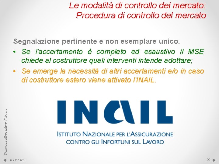 Le modalità di controllo del mercato: Procedura di controllo del mercato Sicurezza attrezzature di