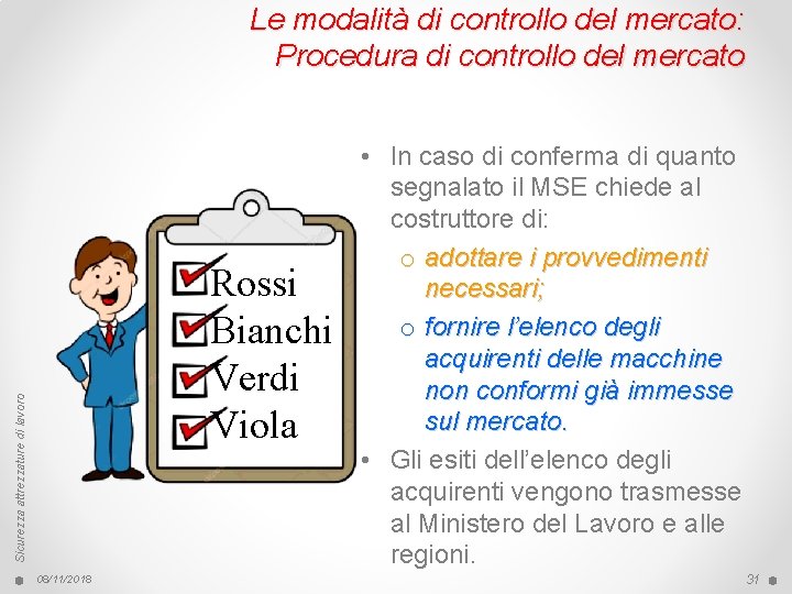 Le modalità di controllo del mercato: Procedura di controllo del mercato Sicurezza attrezzature di