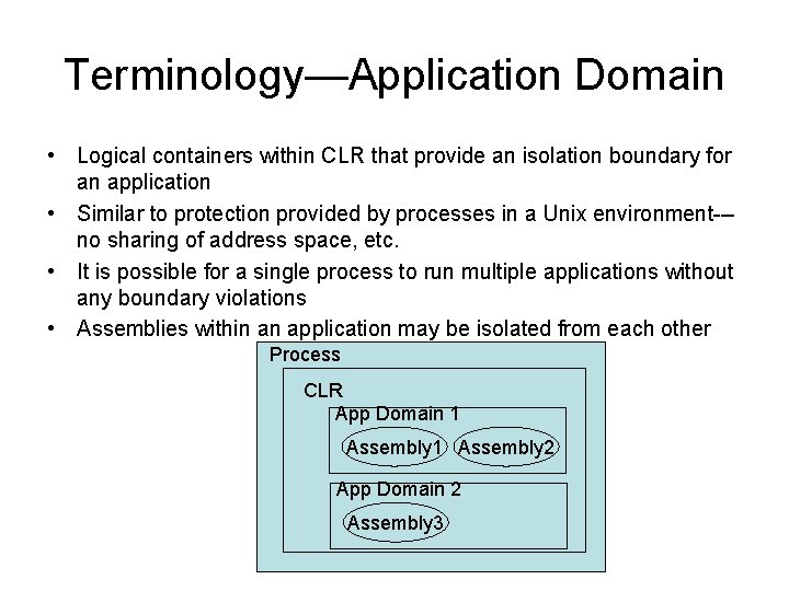 Terminology—Application Domain • Logical containers within CLR that provide an isolation boundary for an