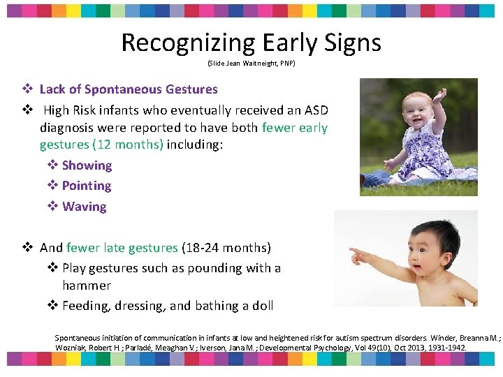 Recognizing Early Signs (Slide Jean Waitneight, PNP) v Lack of Spontaneous Gestures v High Recognizing Early Signs (Slide Jean Waitneight, PNP) v Lack of Spontaneous Gestures v High