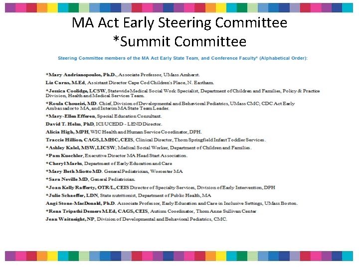 MA Act Early Steering Committee *Summit Committee MA Act Early Steering Committee *Summit Committee