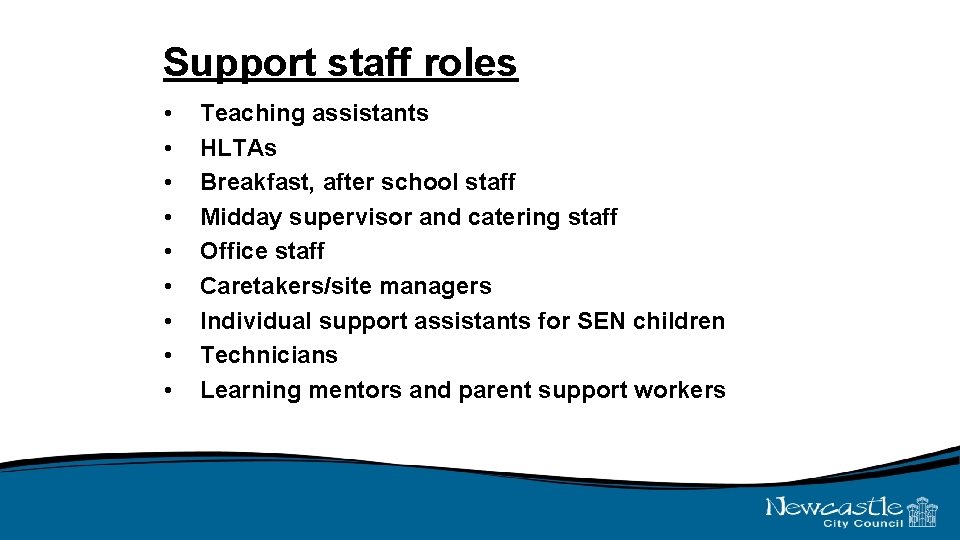 Support staff roles • • • Teaching assistants HLTAs Breakfast, after school staff Midday