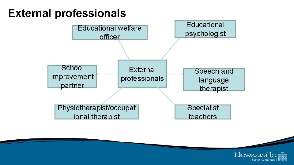 External professionals Educational welfare officer School improvement partner External professionals Physiotherapist/occupat ional therapist Educational